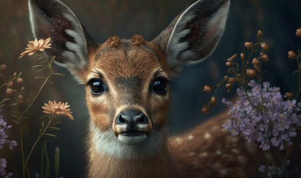  a painting of a young deer surrounded by wildflowers.  generative ai