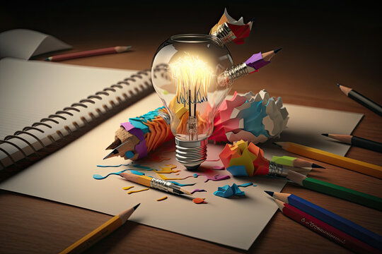 3d Creative writing education concept , light bulb and pencils on paper , ideas Copywriting and storytelling, generative AI
