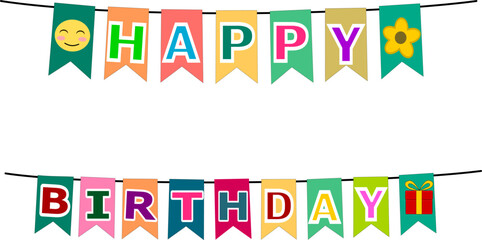 Happy birthday text on Bunting flags. Birthday party flags vector illustration.