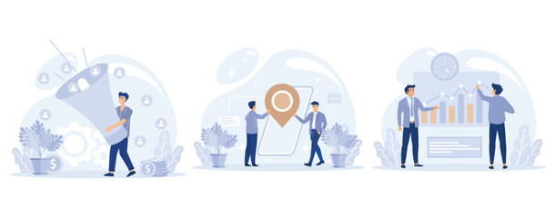 Fototapeta premium Sales and SEO digital strategy concept, Generating new leads, local search optimization, mobile media, sales funnel, crm, communication channel , set flat vector modern illustration