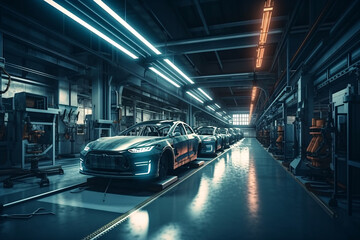 Fototapeta premium auto assembly line of cars in a factory. Generative AI