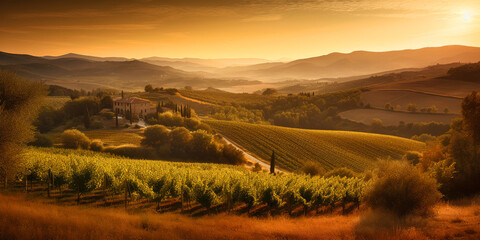 Fototapeta na wymiar Italy, Green Toscana hills, Vineyard. Sunlight. ai generative