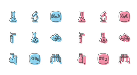 Set line Test tube, Sulfur dioxide SO2, with toxic liquid, Radioactive, and Microscope icon. Vector