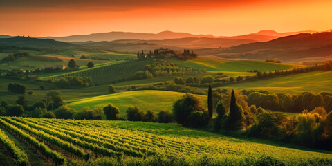 Fototapeta na wymiar Italy, Green Toscana hills, Vineyard. Sunlight. ai generative