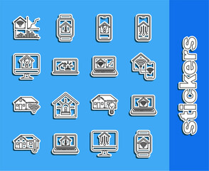 Set line Smart watch with smart home with wi-fi, Laptop, Mobile phone house and light bulb, alarm, Computer monitor, and icon. Vector