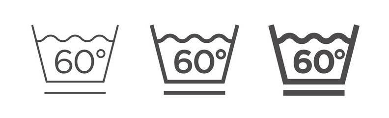Clothes care icon, 60 degrees MILD WASH. International marking of fabric on the label. Set of washing symbol of different thickness.