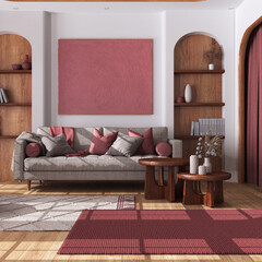 Vintage wooden living room with curtains, fabric sofa, tables and carpet in white and red tones. Parquet floor and arched door. Farmhouse interior design