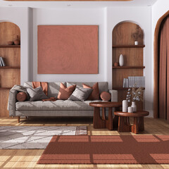 Vintage wooden living room with curtains, fabric sofa, tables and carpet in white and orange tones. Parquet floor and arched door. Farmhouse interior design