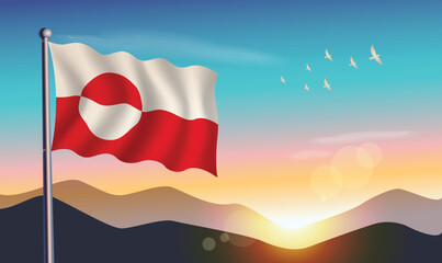 Greenland flag with mountains and morning sun in background