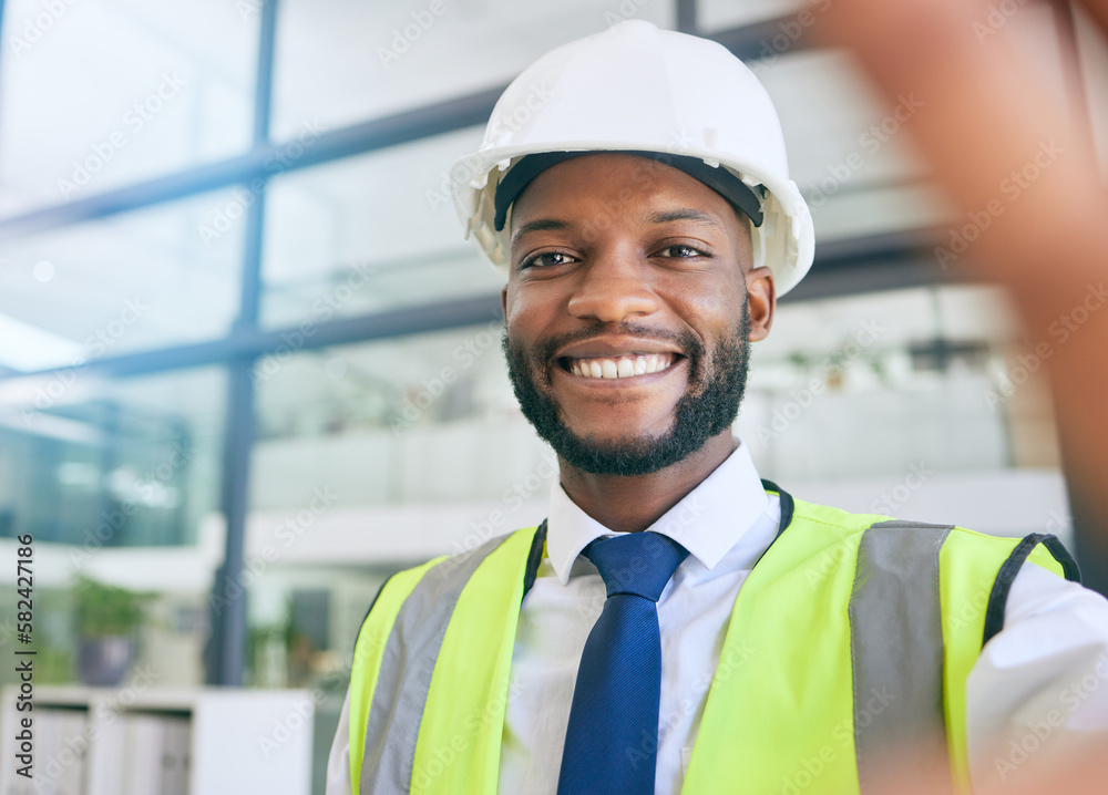 Poster black man, construction or engineer selfie with a smile working in office for project management. fa
