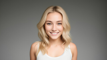 Young teenage woman girl with blond hair on grey isolated background with copy space. Generative AI