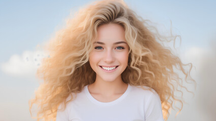 Happy young woman girl with blond curly hair and smile standing on isolated gray background. White t-shirt blouse. Model portrait. Generative AI