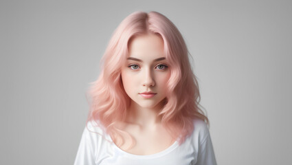 Young teenage woman girl with pink hair on grey isolated background with copy space. Generative AI