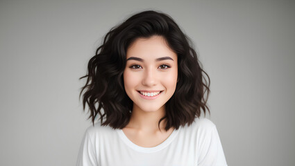 Young teenage woman girl with dark black hair on grey isolated background with copy space. Generative AI