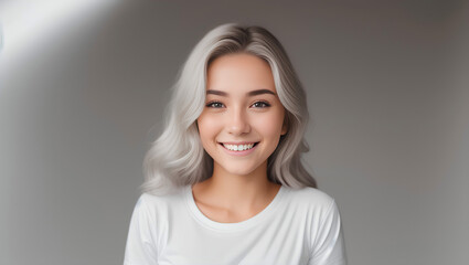 Young teenage woman girl with grey long hair on grey isolated background with copy space. Generative AI