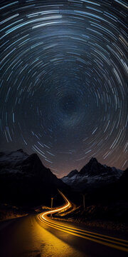 Stars trails, highland road. AI generated illustration © vector_master
