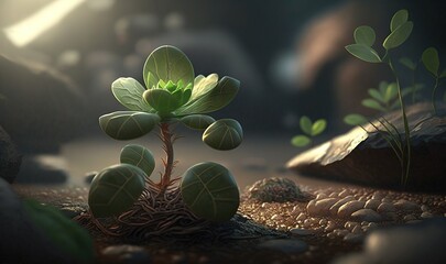 Obraz na płótnie Canvas a small green plant growing out of a pile of rocks. generative ai