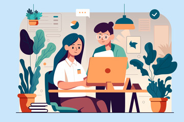 Employees communicate in the office, the background is the office and plants, vector illustration