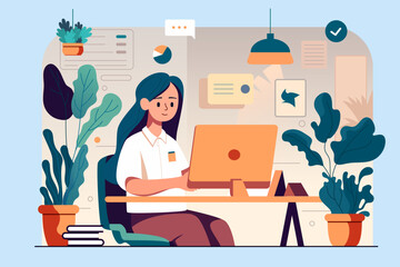 Employees communicate in the office, the background is the office and plants, vector illustration