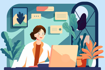 Employees communicate in the office, the background is the office and plants, vector illustration