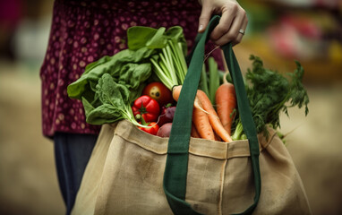 Reusable Shopping Net or bag held in a hand. Filled with fresh vegetables. Concept of Sustainability, recycling and zero waste living. Shallow focus. Illustrative Generative AI. 