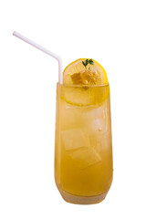 Orange juice with a glass of ice and fresh orange slices on the glass ready to drink, isolated background.png
