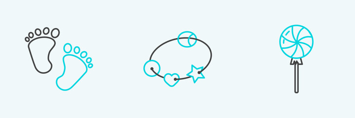 Set line Lollipop, Baby footprints and Rattle baby toy icon. Vector