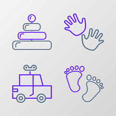 Set line Baby footprints, Toy car, hands and Pyramid toy icon. Vector