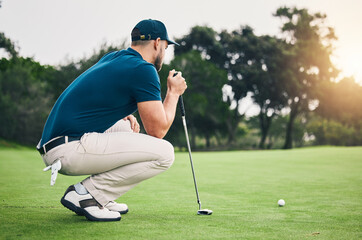 Fitness, sports and golf with man on field for training, competition match and thinking. Games,...