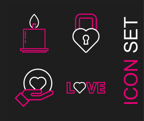 Set line Love text, Heart on hand, Castle in the shape of heart and Burning candle icon. Vector