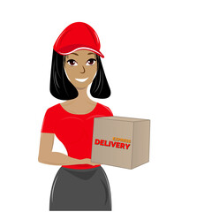 The girl delivers a package. Express delivery concept.