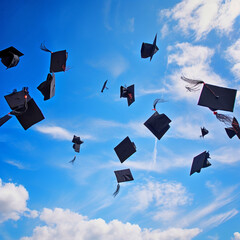 Graduation Caps Thrown in the Air blue sky. Generative AI. (1)