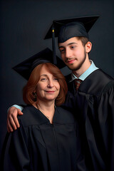 Fototapeta premium Happy proud mother and son college graduates in caps and gowns. Copy space. Generative AI. 4