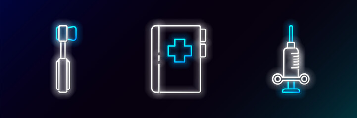 Fototapeta premium Set line Dental medical syringe, Toothbrush and Clipboard with dental card icon. Glowing neon. Vector