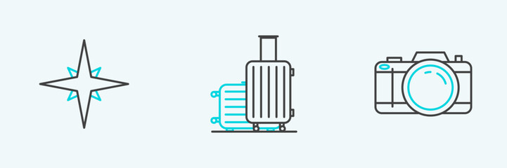 Set line Photo camera, Wind rose and Suitcase for travel icon. Vector