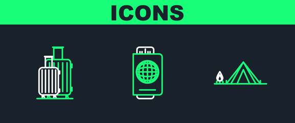 Set line Tourist tent with wood fire, Suitcase for travel and Passport ticket icon. Vector