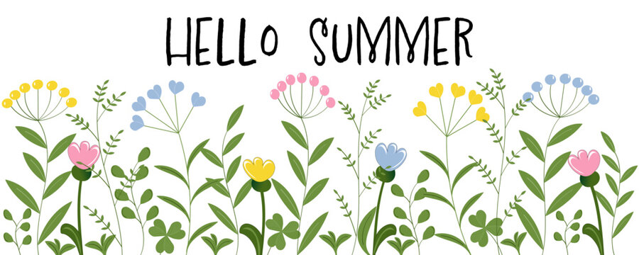 Hallo Sommer. Vektorgrafik mit Kräutern und Blumen in Pastellfarben.