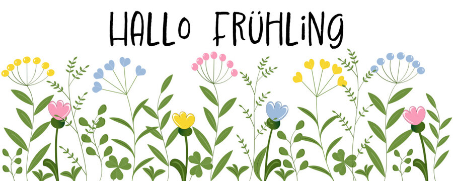 Hallo Frühling - deutscher Text. Vektor Banner mit Kräutern und Blumen in Pastellfarben.