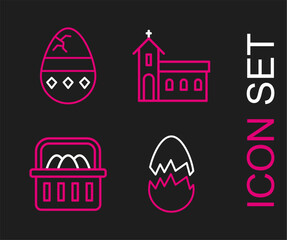 Fototapeta premium Set line Broken egg, Basket with easter eggs, Church building and Cracked icon. Vector