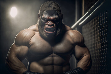 Portrait of angry gorilla MMA fighter, powerful and muscular, anthropomorphic sportsman in mixed martial arts octagon, sports concept, generated by ai