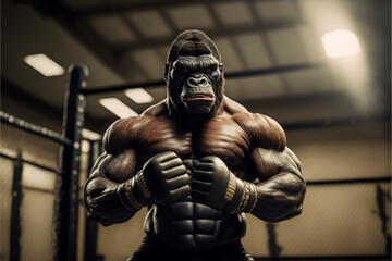 Naklejka na ściany i meble Portrait of angry gorilla MMA fighter, powerful and muscular, anthropomorphic sportsman in mixed martial arts octagon, sports concept, generated by ai