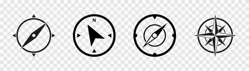 Compass icons vector set isolated on transparent background. Compass symbol set. Wind rose signs. North, South, East, West. Vector illustration.