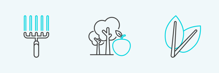 Set line Leafs, Garden rake in work and Tree with apple icon. Vector