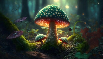 Magic mushroom glowing in forest at night