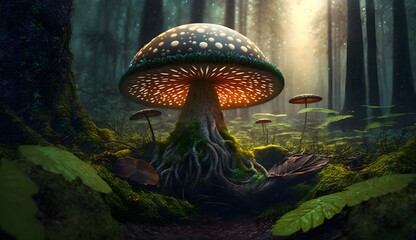 Magic mushroom glowing in forest at night