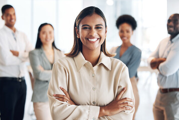 Portrait, staff and woman arms crossed, leader and management with success, happiness and startup....