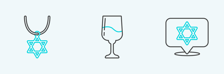 Set line Star of David, necklace on chain and Jewish goblet icon. Vector