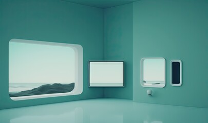  a room with a window and a mirror on the wall.  generative ai