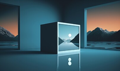  an empty room with a mirror and a reflection of mountains.  generative ai