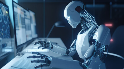 Robot touching a big data network connection. Science and artificial intelligence technology. innovation and futuristic. AI. Machine learning. generative ai.